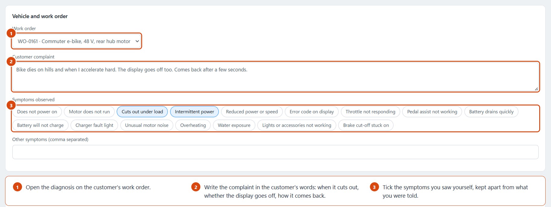 EVCore Studio diagnosis screen with the work order selected, the customer's complaint written in their words, and the symptoms Cuts out under load and Intermittent power ticked